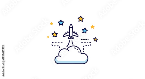 Airplane taking off from a cloud with stars illustrating travel dreams perfect for a travel blog or promoting aviation industry innovation.