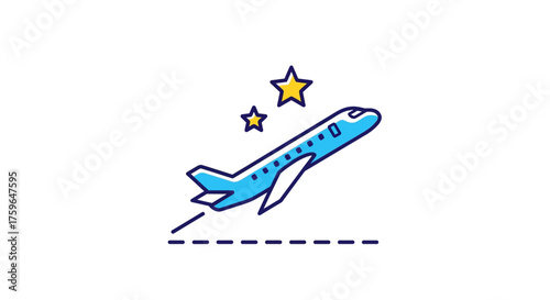 airplane taking off with stars representing successful travel and airline industry achievements perfect for travel blogs and aviation advertising.