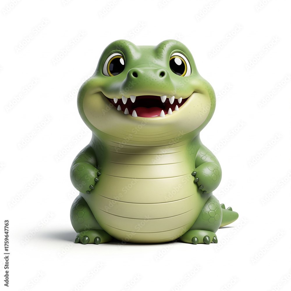 Fototapeta premium A cute and friendly 3D cartoon of a baby alligator or crocodile. The green character is sitting with a wide, toothy grin, appearing happy and playful rather than scary. Isolated on a white background.