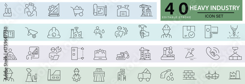 Heavy Industry Line Icon Set featuring factory, machinery, mining, and shipbuilding symbols. Ideal for engineering, manufacturing, and industrial production projects.