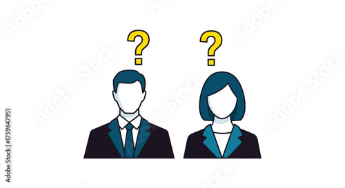 Business decision dilemma male  female professionals with questions symbolizing uncertainty ideal for corporate strategy and leadership discussions.