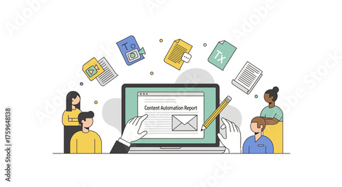 Team collaboration analyzing modern content automation report on laptop, boosting marketing success and driving innovation with data driven strategies now