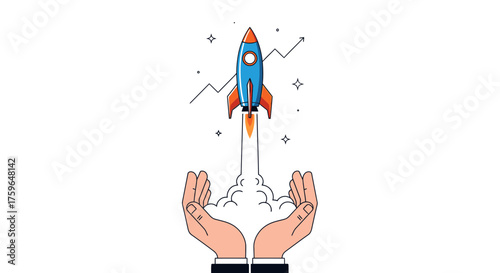 Hands launching a rocket to success, embodying business growth and startup innovation, symbolizing aspirations and reaching new heights with strategic planning
