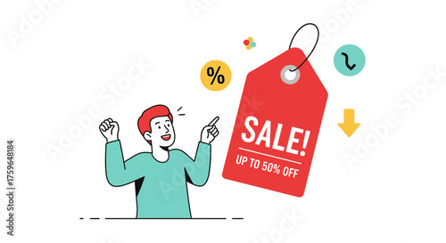 Excited shopper finds amazing sale offers, pointing to 50% off deal, perfect for retail promotions and advertising with eye-catching design
