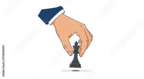 Strategic hand places chess king piece, symbolizing leadership, planning, and success in business strategy or game, showing power and control