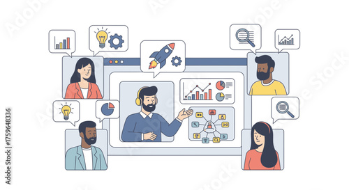 Online meeting presenting business strategy and data analysis with diverse team, fostering innovation and collaboration for success, originally a scalable vector graphic