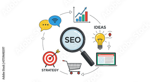 Boost your website visibility with expert SEO strategies shown with a magnifying glass, target, laptop, shopping cart, and speech bubbles for communication