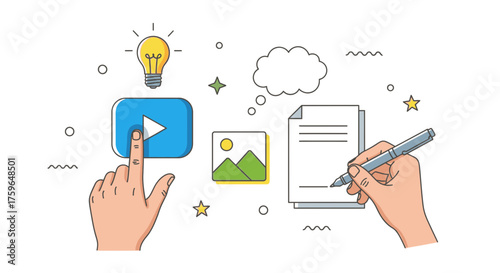 Creative content creation concept showing video marketing, ideas, writing, and graphic design for digital strategy, with hands interacting with icons