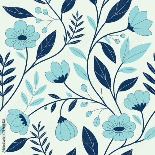 Light blue and navy floral pattern with delicate branches