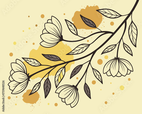Delicate floral branch with abstract watercolor accents