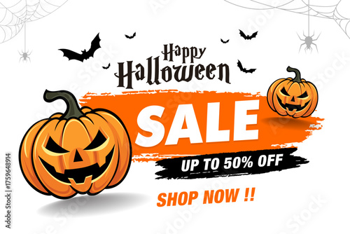 Bright Halloween sale banner with pumpkins, bats, and bold orange accents promoting up to 50% discount.