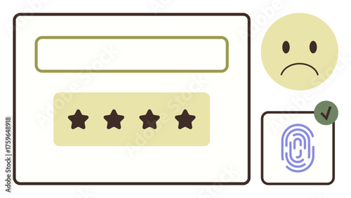 Feedback includes star rating system, user sentiment with a sad face, and fingerprint identification. Ideal for feedback, security, user experience, app development, surveys, authentication digital