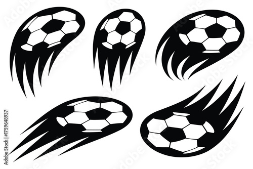 Dynamic flying soccer footballs and motion trails seamless vector pattern with bold motion lines on white sports background
