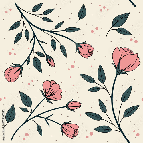 Delicate pink rose blossoms and dark green leaves on a speckled beige background