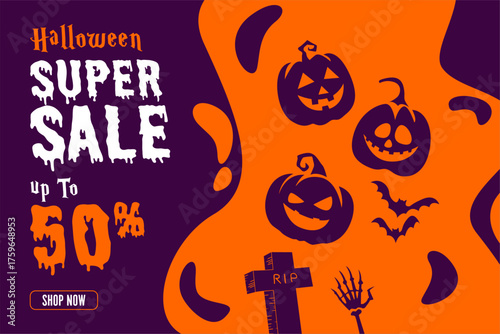 Halloween super sale banner with pumpkins, bats, and spooky orange design offering up to 50% discount.