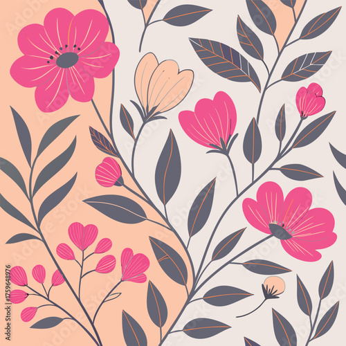 A charming botanical illustration featuring bright pink flowers and delicate dark green foliage on a soft peach and cream background.