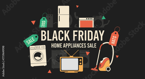 Black Friday home appliances sale banner illustration Shopping event discounts household technology