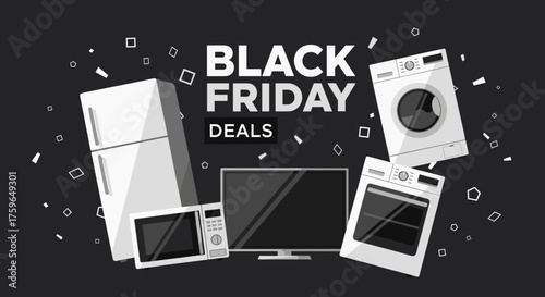 Black Friday Deals banner with graphic home appliances fridge TV washer oven Shopping event concept