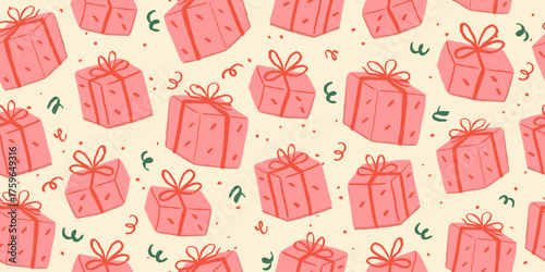 Seamless pattern with hand-drawn pink gift boxes and confetti in a doodle sketch style. Festive background for birthday or holiday wrapping paper and event decoration, vector illustration.