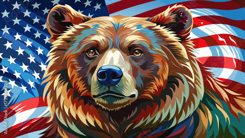 Very beautiful watercolor illustration of a grizzly bear with the American flag, blending artistic expression with patriotic symbolism, capturing strength, wilderness, and national pride in a vibrant,