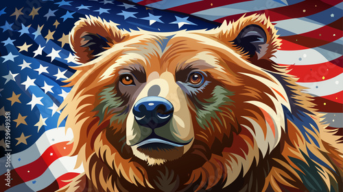 Very beautiful watercolor illustration of a grizzly bear with the American flag, blending artistic expression with patriotic symbolism, capturing strength, wilderness, and national pride in a vibrant,