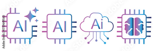 Artificial intelligence AI processor chip vector icon. AI system icon vector illustration. Artificial intelligence application logo, ai stars colorful and flat black icon set. Vector illustration eps