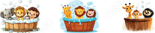 The watercolor illustration features cute baby safari animals taking a bath