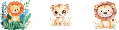 Cute baby lion and lush tropical leaves are the subjects of this watercolor illustration