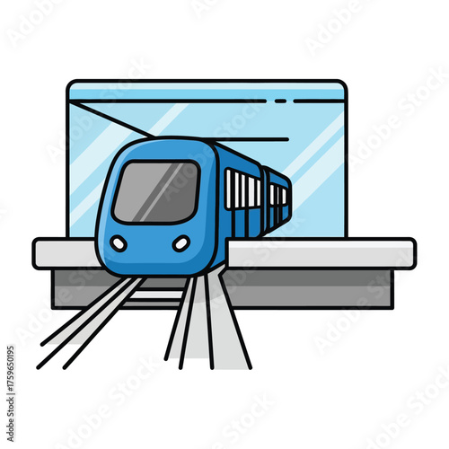 Modern blue subway train at a station platform with reflective glass background.