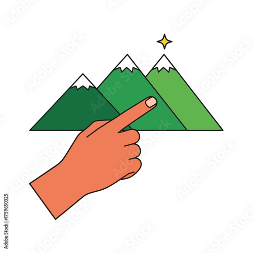 Hand pointing tods a distant star above a mountain peak.