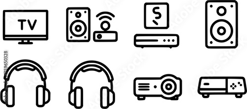 Home Entertainment Icons. Home entertainment. Line icon set of Home entertainment: smart TV, streaming device, speaker, headphones, projector, game console
