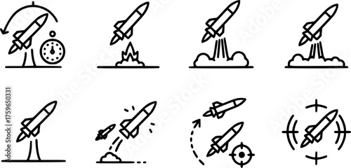 Missile Launch Icons. Outline icon set of missile launch sequence: countdown timer, ignition, plume exhaust, lift-off, separation, trajectory path, tracking