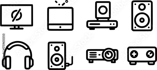 Home Entertainment Icons. Home entertainment. Line icon set of Home entertainment: smart TV, streaming device, speaker, headphones, projector, game console