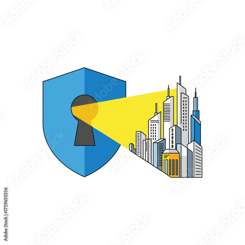 A shield with a keyhole emits a beam tods a city skyline.