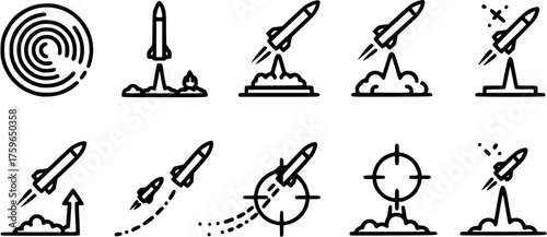 Missile Launch Icons. Outline icon set of missile launch sequence: countdown timer, ignition, plume exhaust, lift-off, separation, trajectory path, tracking