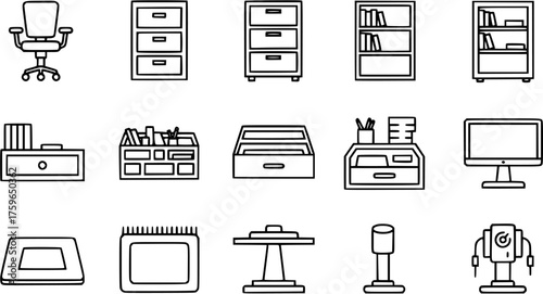 Desk Furniture Icons. Solid, filled icon set of desk furniture: chair, filing cabinet, bookshelf, drawer, organizer, desk mat, monitor stand, cable holder.