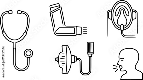 Respiratory Health Icons. Outline icon set of respiratory health: stethoscope, asthma inhaler, oxygen mask, spirometer, cough,
