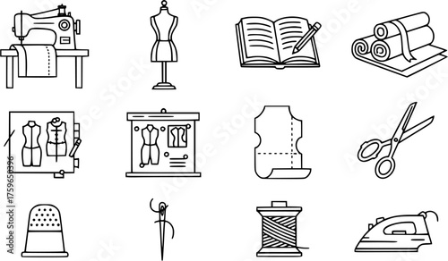 Fashion Studio Icons. Outline icon set of fashion studio: sewing table, mannequin, fabric rolls, sketchbook, design board, pattern

