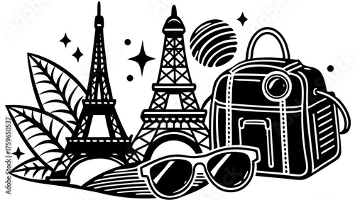 Parisian adventure icons featuring eiffel towers sunglasses and travel bag