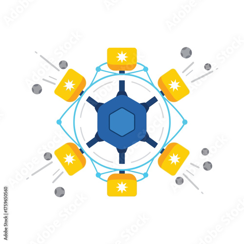 A minimalist of a Ferris wheel with yellow cabins.
