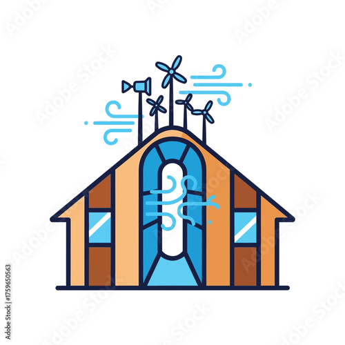 of a house with wind turbines on top.