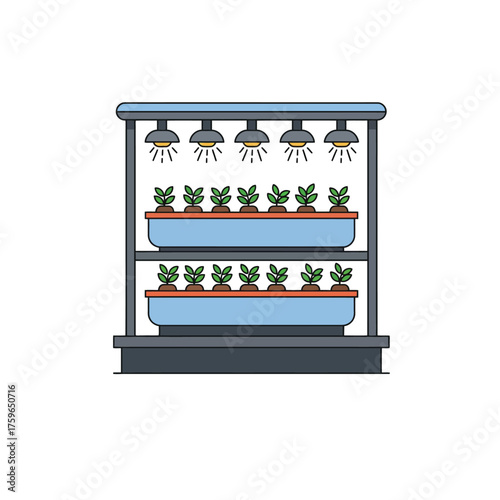 Indoor vertical farm with rows of plants under grow lights.
