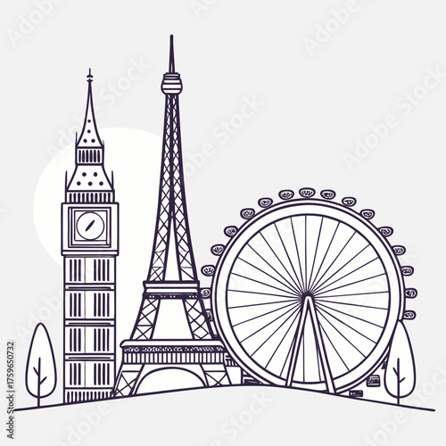 Iconic landmarks of london and paris in a stylized line art illustration