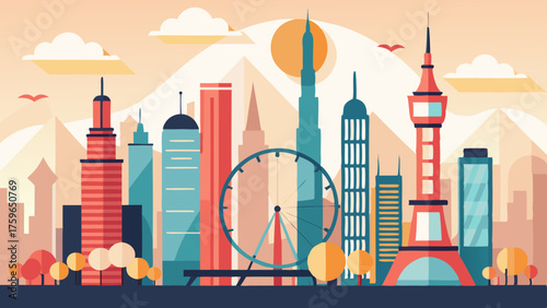 Vibrant flat design cityscape with iconic towers and ferris wheel at sunset