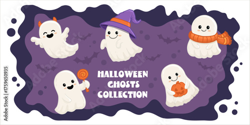 set of cute halloween ghosts on purple background. Collection ghost in flat style. Vector illustration