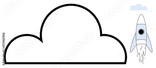 Rocket lifting off beside a bold cloud outline, representing progress, innovation, exploration, success. Ideal for technology, business, growth creativity aspirations future vision. Simple flat