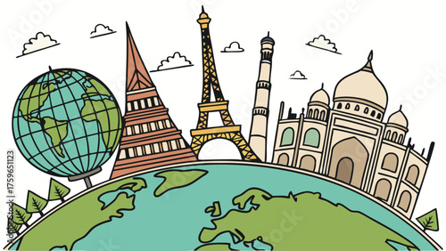 Famous landmarks from around the world illustrated on a cartoon globe