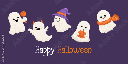 set of cute halloween ghosts on purple background. Collection ghost in flat style. Vector illustration