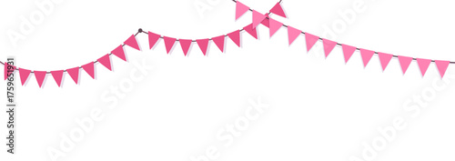 Pink pennant garland with heart decorations or striped. Cute festive vector illustration for party, baby shower or birthday design