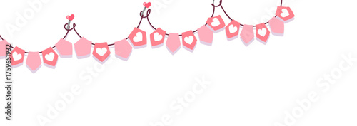 Pink pennant garland with heart decorations or striped. Cute festive vector illustration for party, baby shower or birthday design